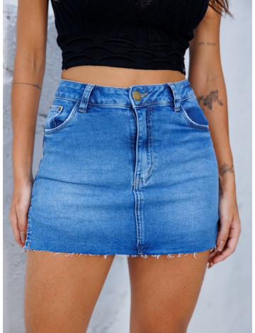 Shorts Saia Jeans Cintura Alta e Barra A Fio Atacado Feminina Revanche Bibinje Azul