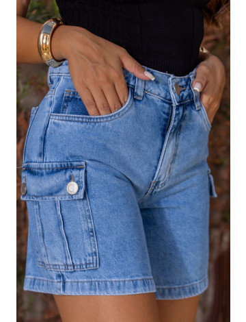 Shorts Jeans Boyfriend Com Bolso Cargo Atacado Feminino Revanche Damasco