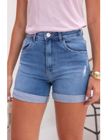 Shorts Jeans Cintura Alta com Barra Virada Atacado Feminino Revanche Kansas Azul 