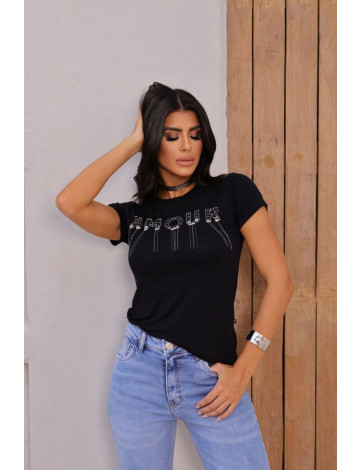 T-Shirt Bordada Com Detalhe De Corrente Atacado Feminina Revanche Itaguaí Preto