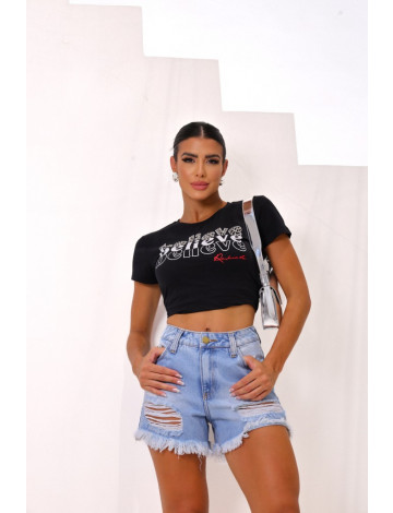 T-Shirt Estampada e Bordada Atacado Feminina Revanche Boane Preto