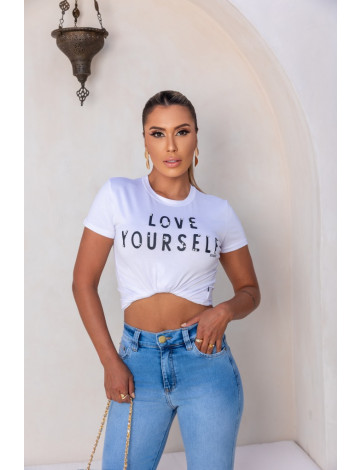 T-Shirt Estampada e Bordado De Pérolas Atacado Feminina Revanche Guaíra Branco