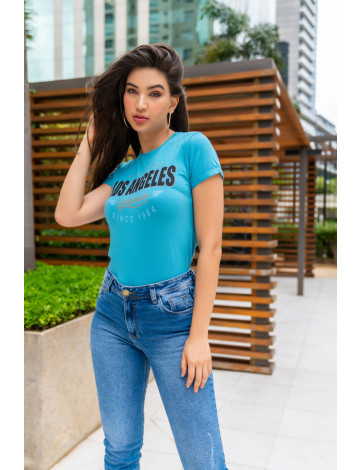 T-Shirt Estampada Manga Dobrada Atacado Feminina Revanche Aruba Azul Claro