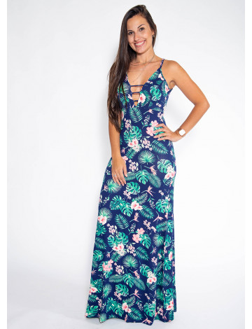 Vestido Longo Atacado Floral Revanche San Antonio Azul Marinho Frente