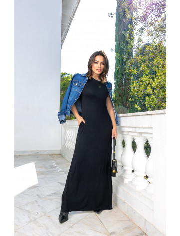 Vestido Longo Com Fenda Lateral e Ombreiras Atacado Feminino Revanche Bunia Preto