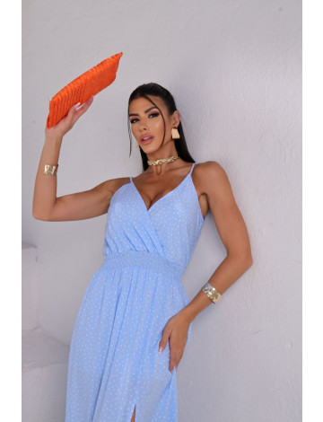 Vestido Midi De Poá Com Fenda Atacado Feminino Revanche Vilada Azul