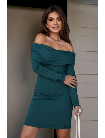 Vestido Curto Ombro a Ombro Manga Longa Franzida Atacado Feminina Revanche Ancira Verde Pinho