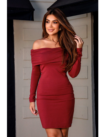 Vestido Curto Ombro a Ombro Manga Longa Franzida Atacado Feminina Revanche Ancira Vinho
