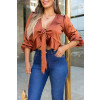 Blusa De Cetim Com Amarração Atacado Feminina Revanche Deena Marrom