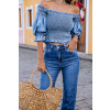 Blusa Jeans Atacado Cropped Feminina Revanche Marlene Azul Detalhe Frente