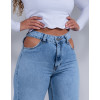 Calça Jeans Atacado Wide Leg Cut Out Pocket Feminina Revanche Thaissa Azul Detalhe Frente