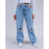 Calça Jeans Atacado Wide Leg Cut Out Pocket Feminina Revanche Thaissa Azul Frente
