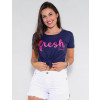 Camiseta Atacado Fresch Feminina Revanche Flori Azul Marinho Frente