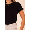 Camiseta Com Plumas e Paetê Atacado Feminina Revanche Yumi Preto