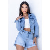 Jaqueta jeans com aplique de stass atacado feminina Revanche Sulina Azul