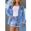 Jaqueta Jeans Maxi Destroyed Atacado Feminina Revanche Pegeia Azul