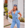 Macacão Jeans Atacado Longo Feminino Revanche Jane Azul Detalhe Frente