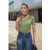 T-Shirt Básica Com Choker De Flor Atacado Feminina Revanche Boma Verde Militar