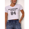 T-Shirt Cropped Decote V Estampada Atacado Feminino Revanche Lavalleja Branco