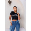 T-Shirt Estampada e Bordado De Pérolas Atacado Feminina Revanche Guaíra Preto