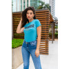 T-Shirt Estampada Manga Dobrada Atacado Feminina Revanche Aruba Azul Claro