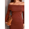 Vestido Curto Ombro a Ombro Manga Longa Franzida Atacado Feminina Revanche Ancira Marrom Escuro