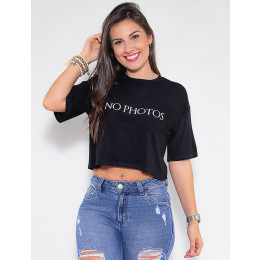 Blusa Atacado Cropped Feminino Revanche No Photos Preto Frente