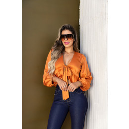 Blusa De Cetim Com Amarração Atacado Feminina Revanche Deena Caramelo