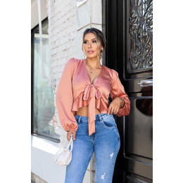 Blusa De Cetim Com Amarração Atacado Feminina Revanche Deena Caramelo