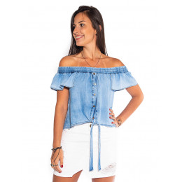 Blusa Jeans Atacado Ciganinha c/ Amarração Feminina Revanche San José Frente