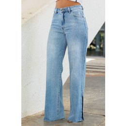 Calça Jeans Wide Leg Com Fenda Lateral e Barra A Fio Atacado Feminina Revanche Bejucal