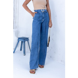 Calça Jeans Wide Leg Com Frizo e Cinto Fivela Atacado Feminina Revanche Dagana 