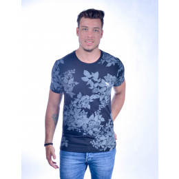 Camiseta Atacado com Estampa Floral e Bordado Cachorrinho Comores Azul Marinho Frente