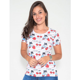 Camiseta Atacado Manga Curta Feminino Revanche Strawbercat Mescla Frente