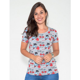 Camiseta Atacado Manga Curta Feminino Revanche Strawbercat Mescla Frente