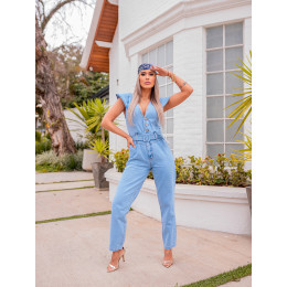 Macacão Jeans Atacado Longo Feminino Revanche Jane Azul Frente