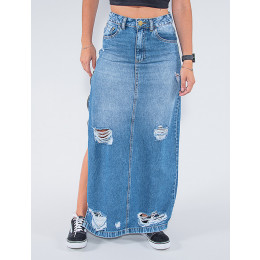 Saia jeans longa destroyed discount