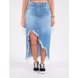 Saia Jeans Atacado Longuete Feminina Revanche Maurina Azul Frente