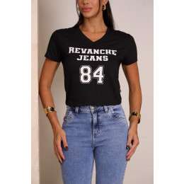 T-Shirt Cropped Decote V Estampada Atacado Feminino Revanche Lavalleja Preto