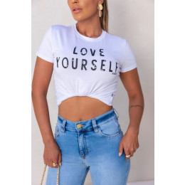 T-Shirt Estampada e Bordado De Pérolas Atacado Feminina Revanche Guaíra Branco